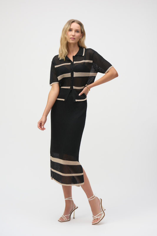 Joseph Ribkoff Sweater Knit Open Stitch Stripe Skirt Black/Parchment 252923