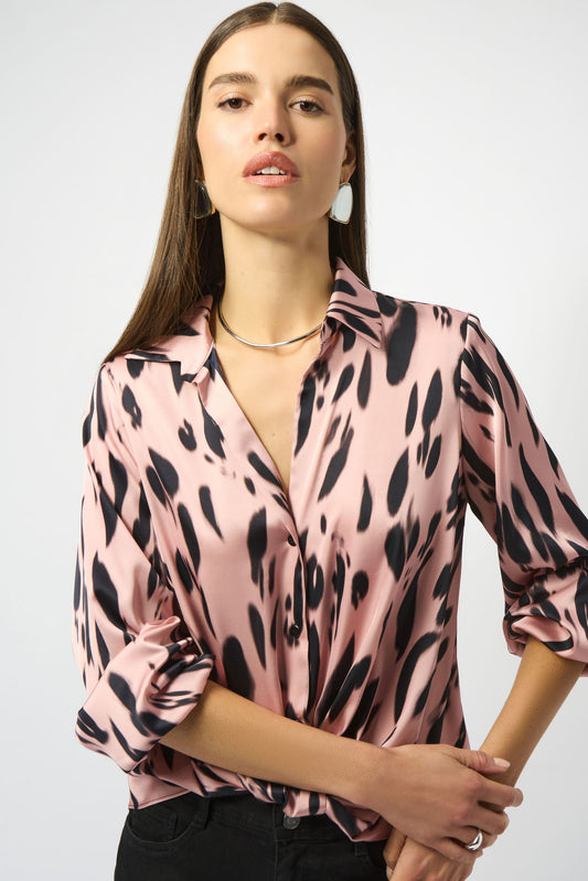 Joseph Ribkoff Recycled Satin Animal Print Draped Top Pink/Black 253059