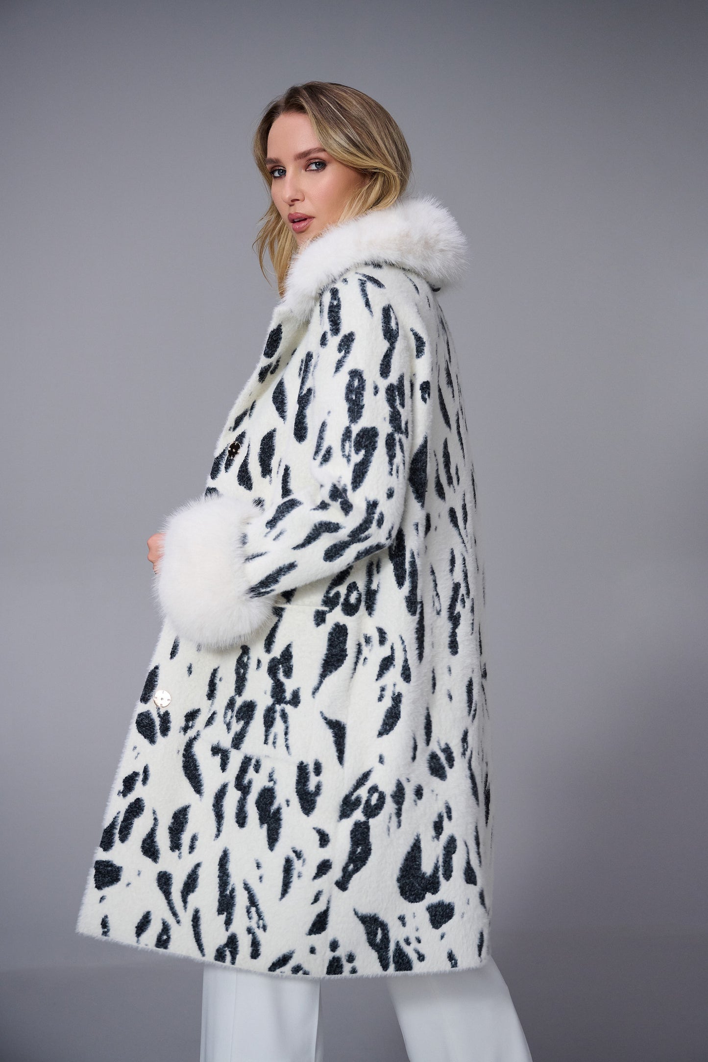 Joseph Ribkoff Feather Yarn Animal Print Coat w/ Faux Fur Trim Winter White/Black 253904