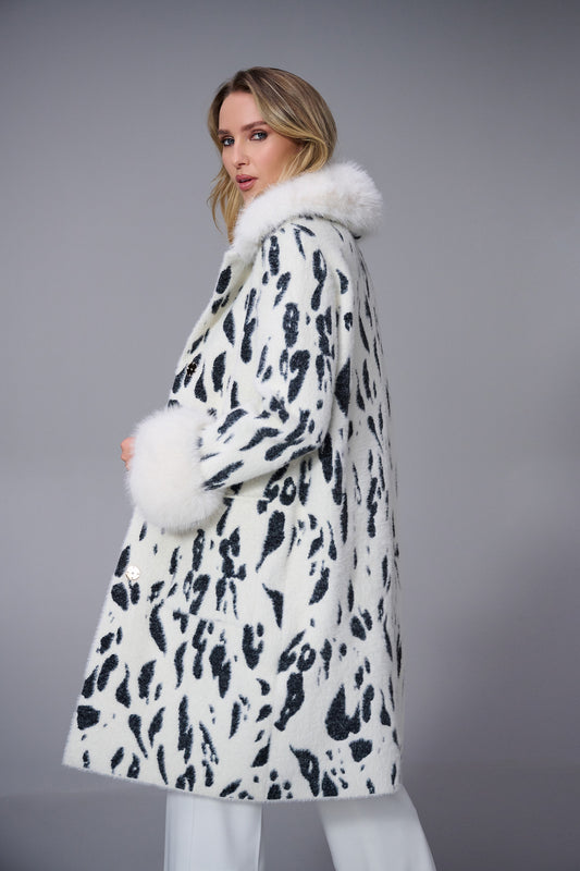 Joseph Ribkoff Feather Yarn Animal Print Coat w/ Faux Fur Trim Winter White/Black 253904