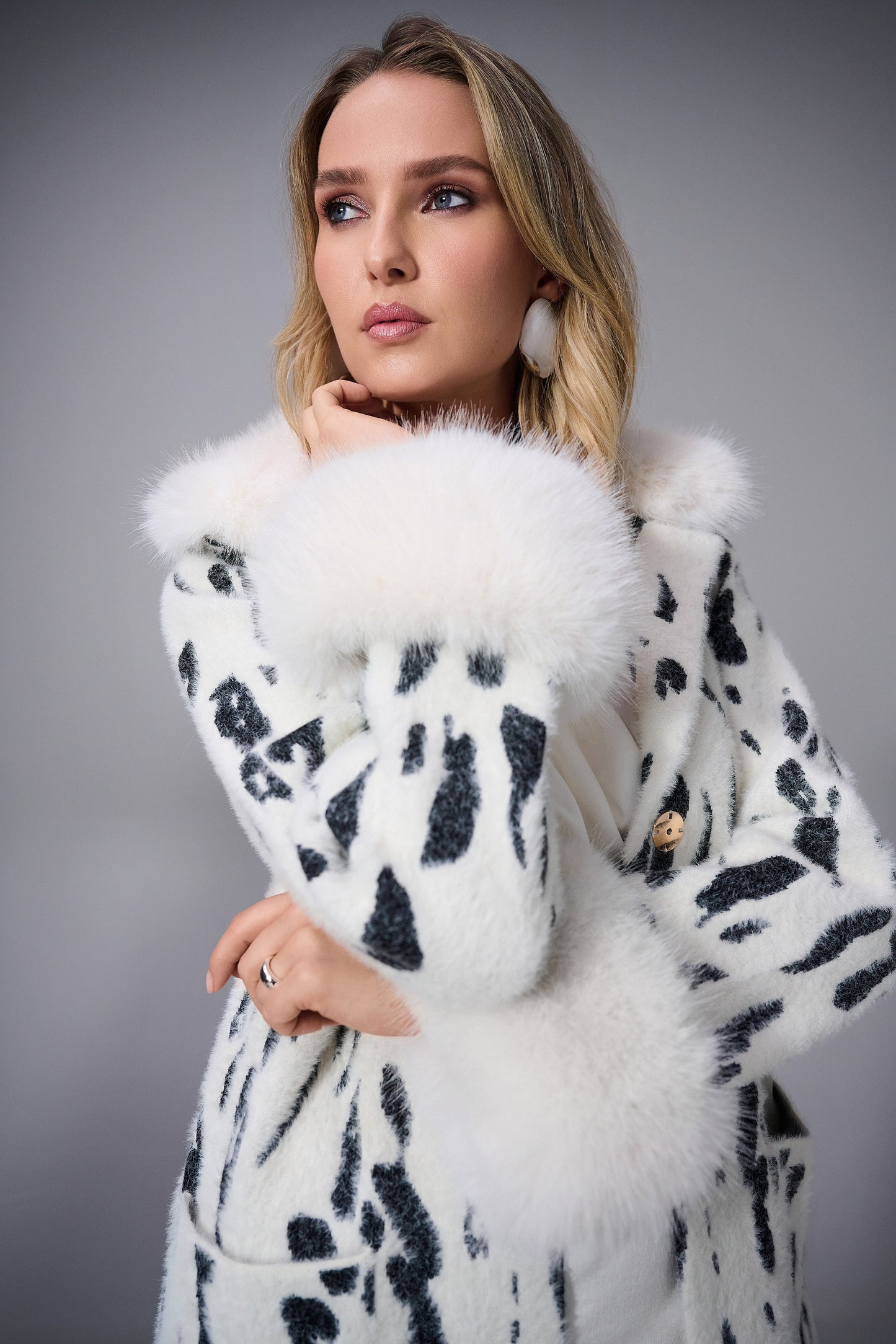 Joseph Ribkoff Feather Yarn Animal Print Coat w/ Faux Fur Trim Winter White/Black 253904
