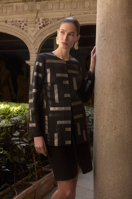 Joseph Ribkoff Scuba & Leatherette Collarless Jacket Black/Multi 253929