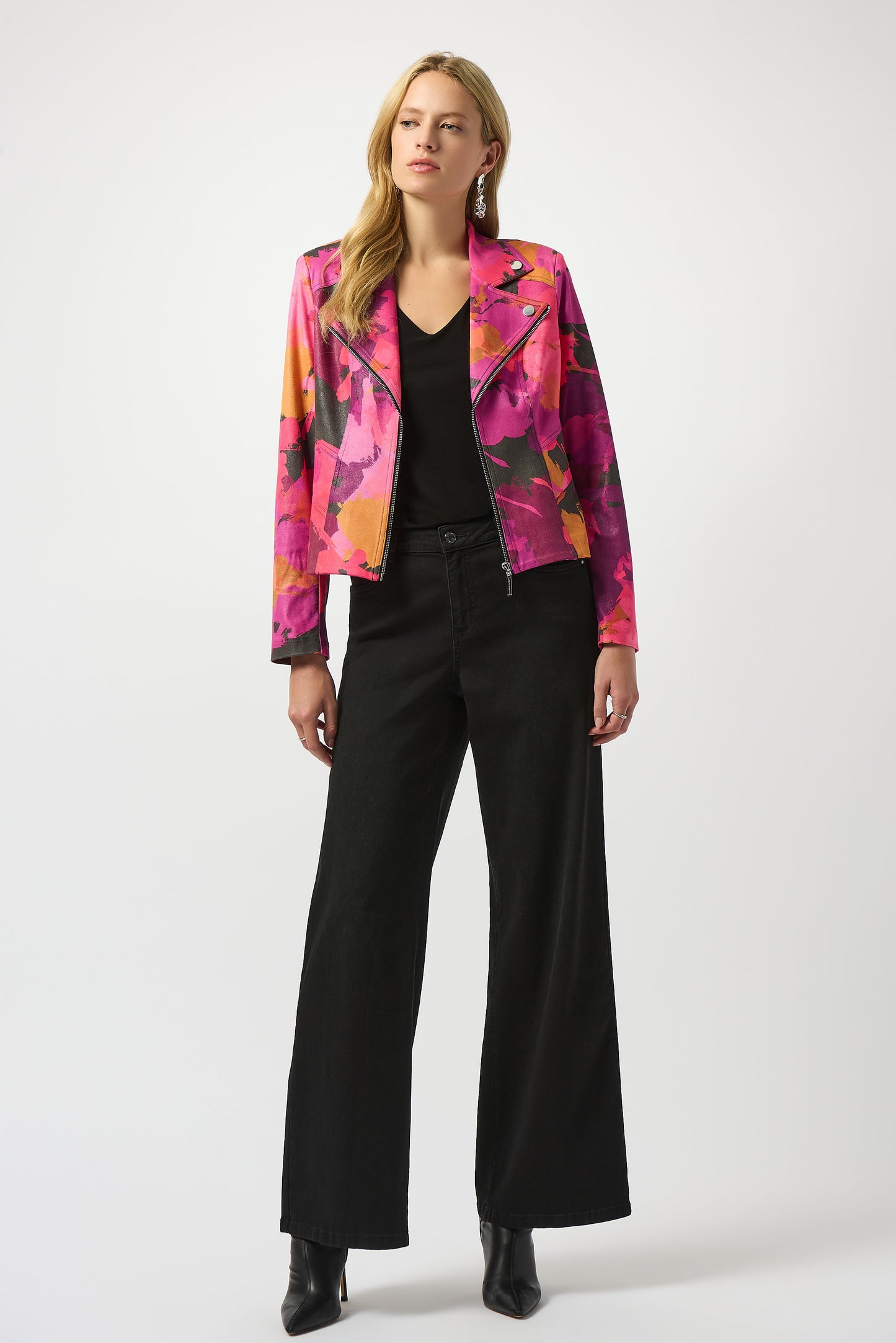 Joseph Ribkoff Foiled Faux Suede Abstract Print Fitted Jacket Black/Multi 253954