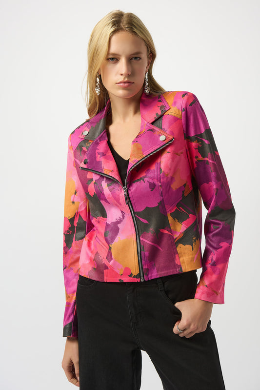 Joseph Ribkoff Foiled Faux Suede Abstract Print Fitted Jacket Black/Multi 253954
