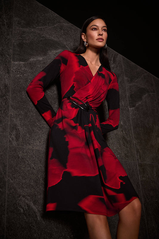 Joseph Ribkoff Abstract Print Wrap Dress Black/Red 254088