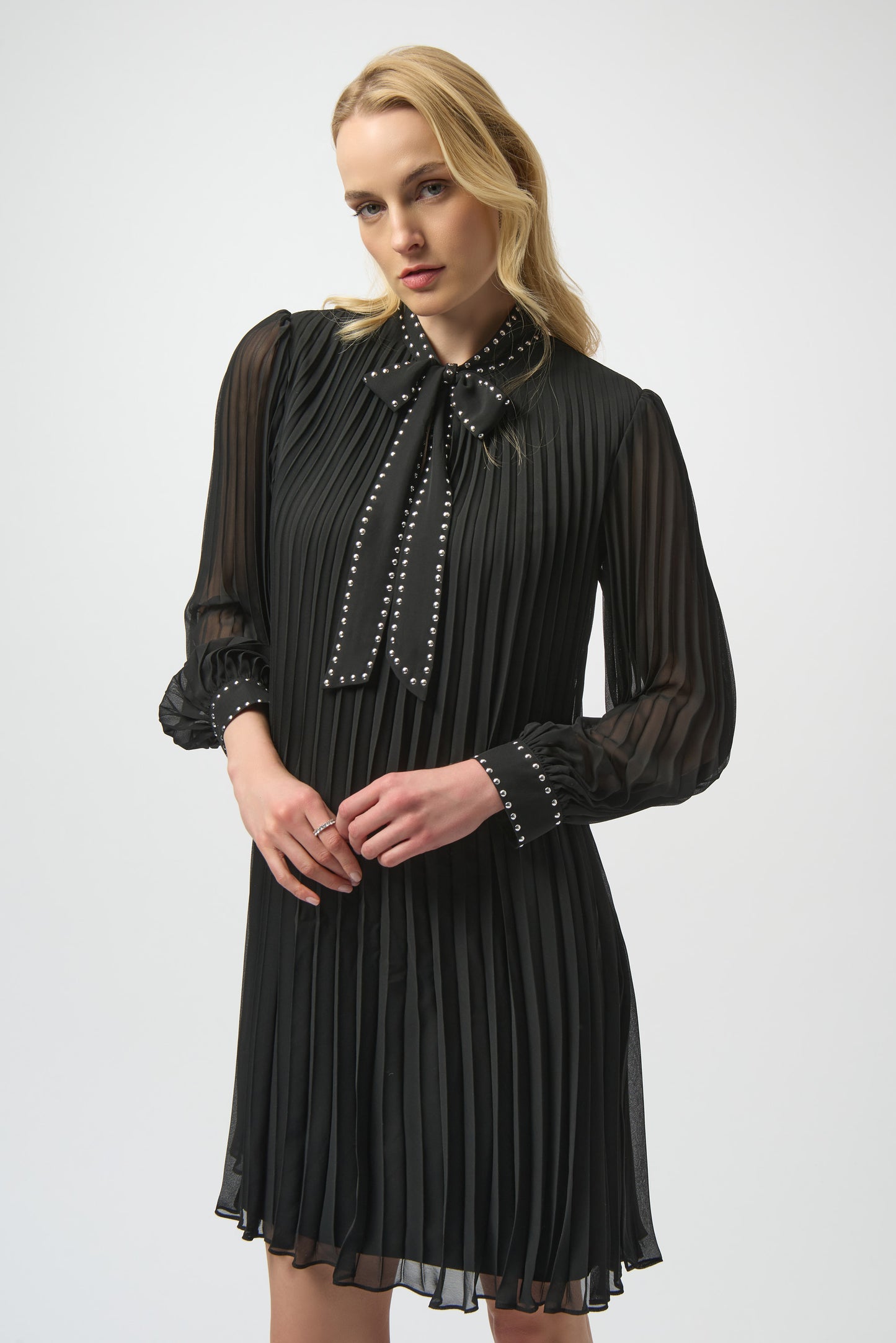 Joseph Ribkoff Pleated Chiffon Aline Dress w/Neck Tie Black 254902