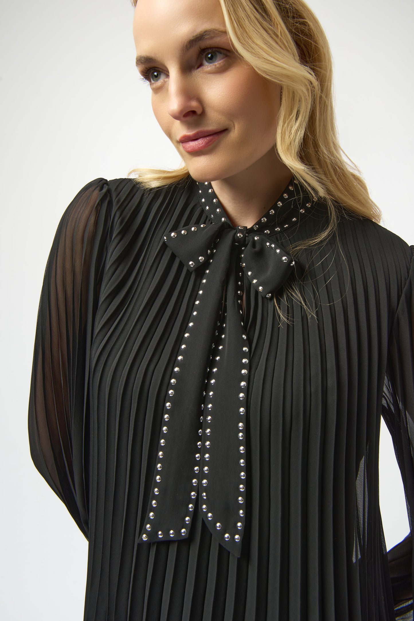 Joseph Ribkoff Pleated Chiffon Aline Dress w/Neck Tie Black 254902