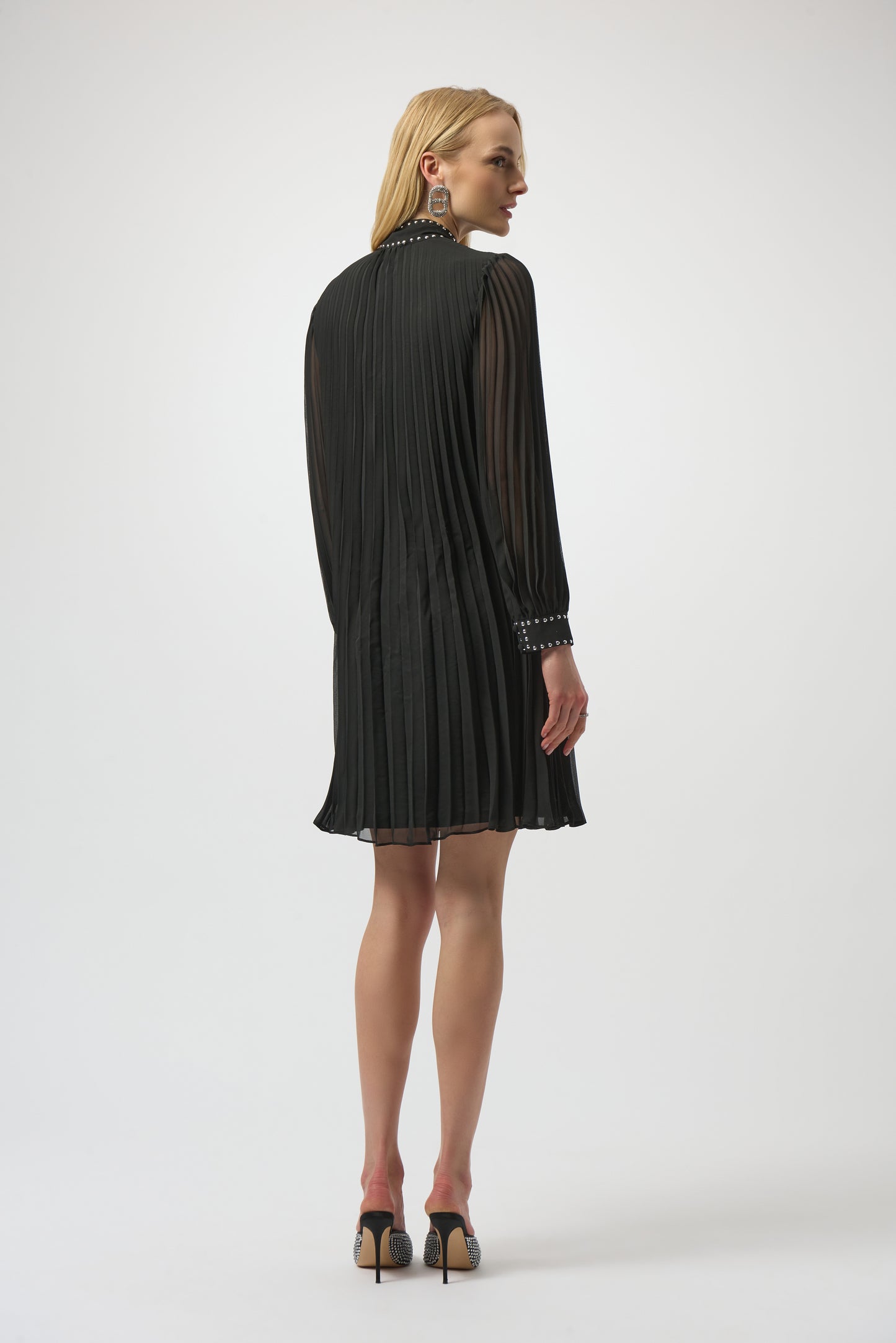 Joseph Ribkoff Pleated Chiffon Aline Dress w/Neck Tie Black 254902