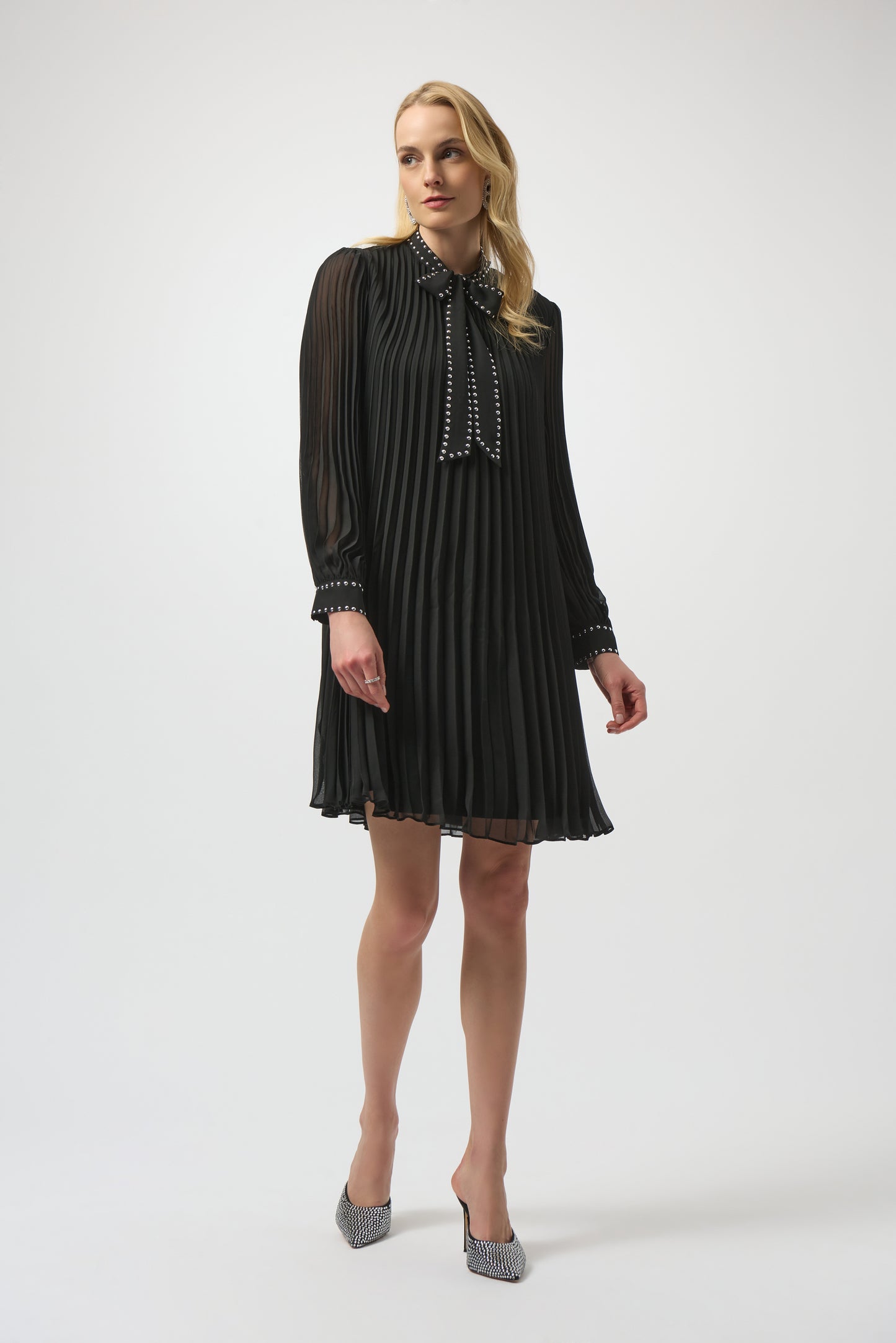 Joseph Ribkoff Pleated Chiffon Aline Dress w/Neck Tie Black 254902