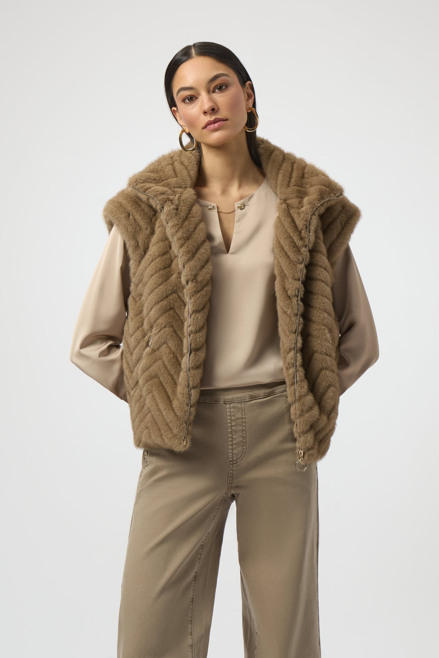 Joseph Ribkoff Chevron Faux Fur Mock Neck Vest Mink 254906