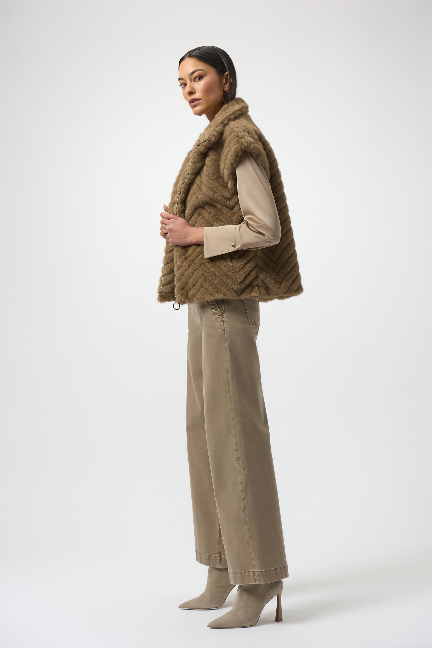 Joseph Ribkoff Chevron Faux Fur Mock Neck Vest Mink 254906