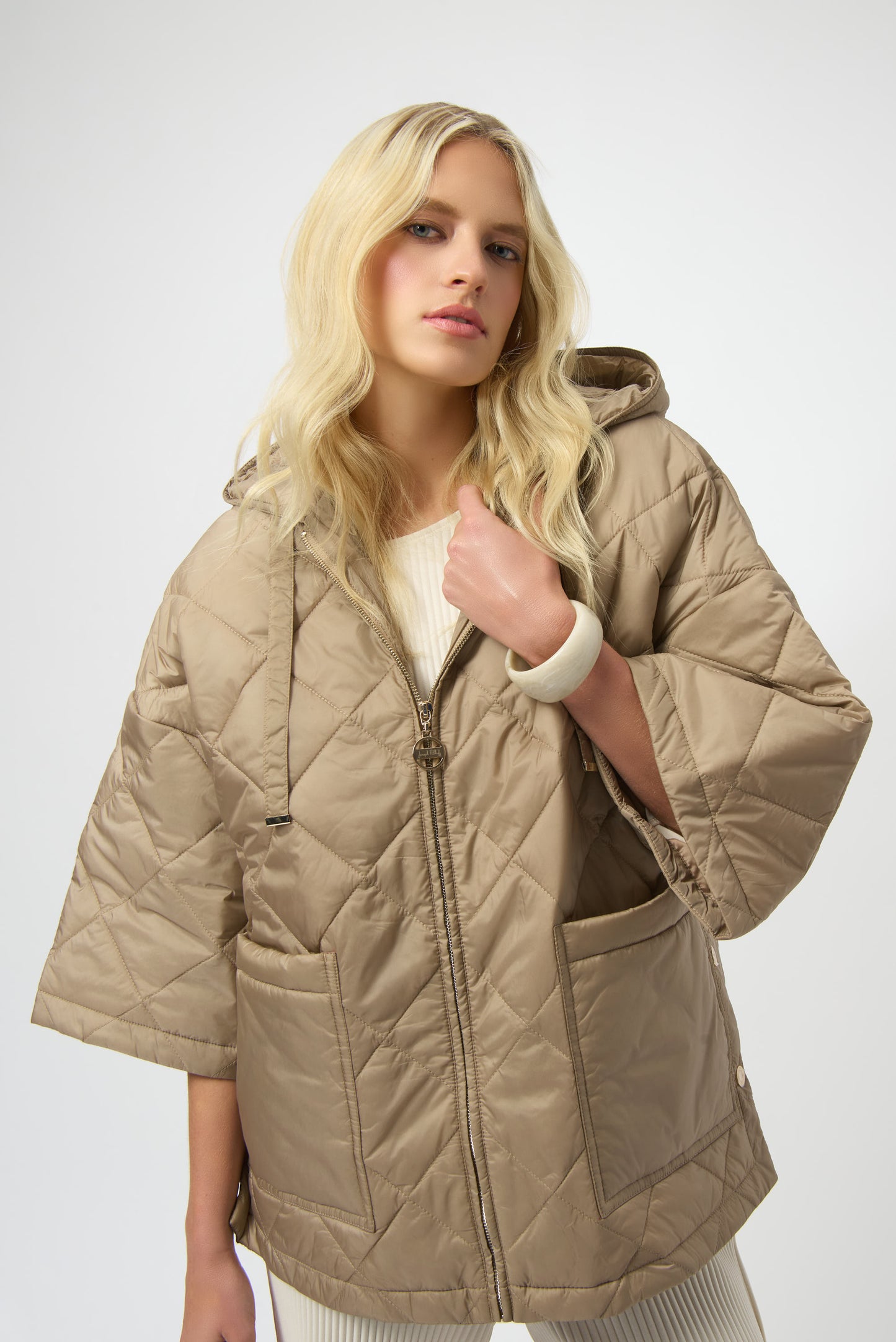 Joseph Ribkoff Woven Diamond Quilt Hooded Jacket Gold 254914