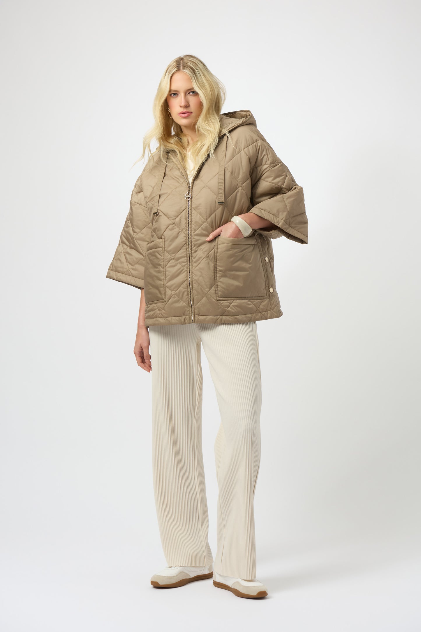 Joseph Ribkoff Woven Diamond Quilt Hooded Jacket Gold 254914