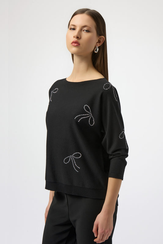 Joseph Ribkoff Sweater Knit Pullover with Iron-On Bow Detail Black 254950