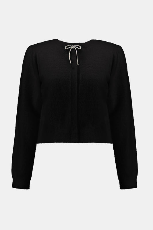 Joseph Ribkoff Feather Yarn Cardigan with Rhinestone Bow Black 254955