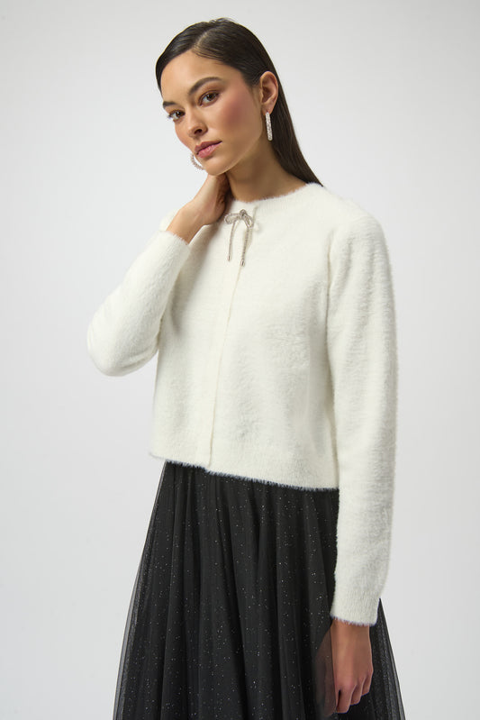 Joseph Ribkoff Feather Yarn Cardigan with Rhinestone Bow Winter White 254955