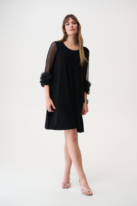 Joseph Ribkoff Knit and Mesh A-Line Dress w/Ruffled Trim Black 261212