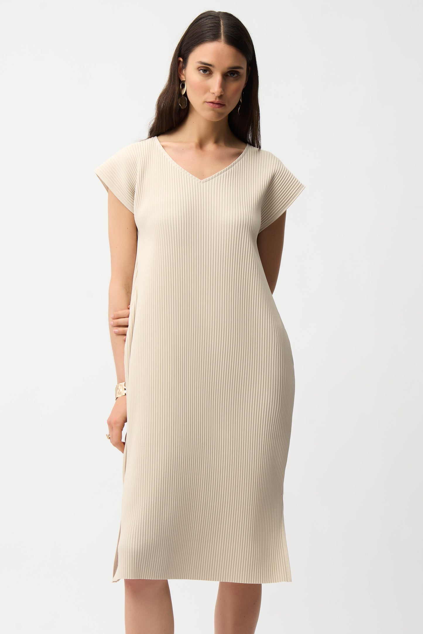 Joseph Ribkoff Pleated Scuba Crepe Straight Dress w/Pockets Moonstone 261252