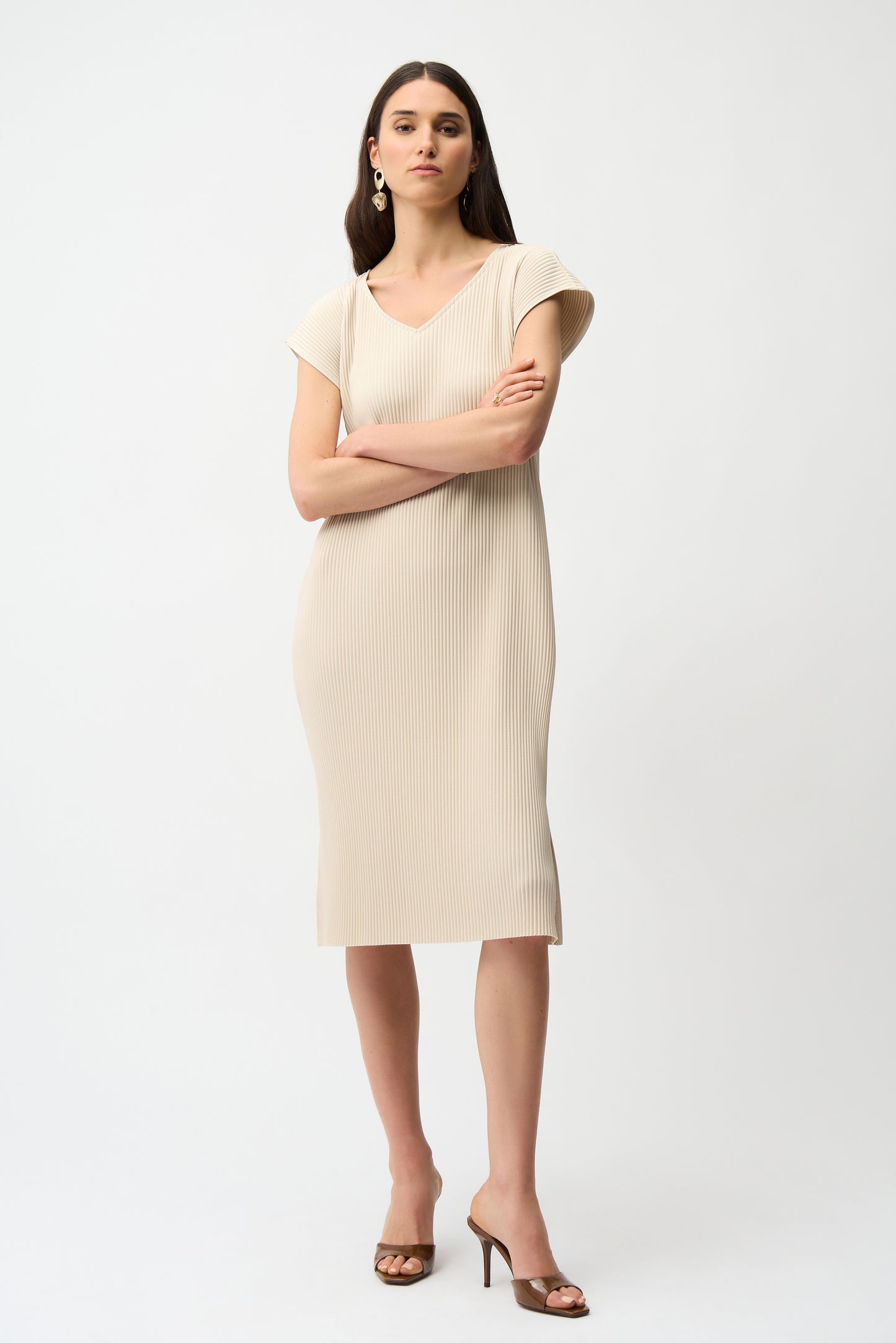 Joseph Ribkoff Pleated Scuba Crepe Straight Dress w/Pockets Moonstone 261252