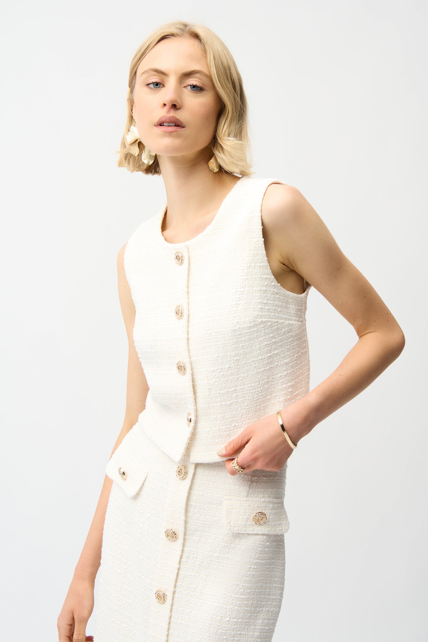 Joseph Ribkoff Bouclé Sleeveless Vest With Gold Buttons Off White 261300