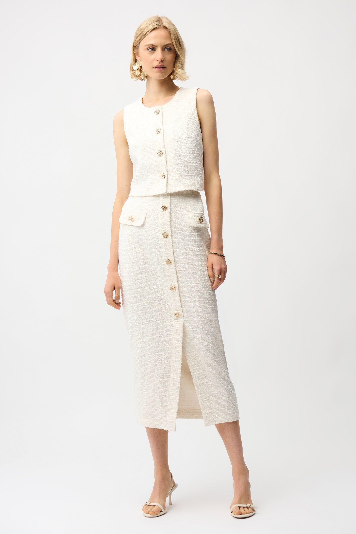 Joseph Ribkoff Bouclé Sleeveless Vest With Gold Buttons Off White 261300