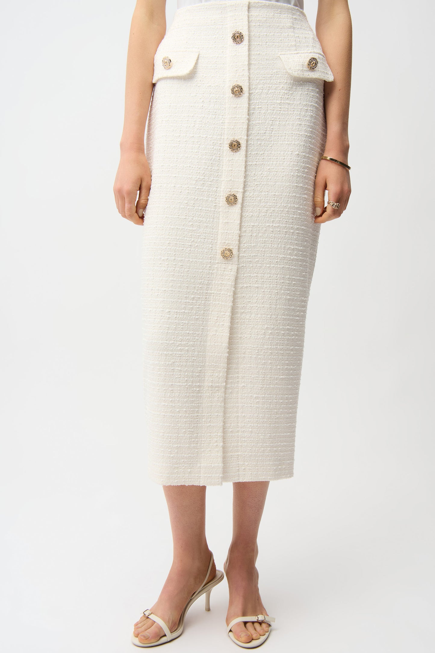 Joseph Ribkoff Bouclé Pencil Skirt With Gold Buttons Off White 261301
