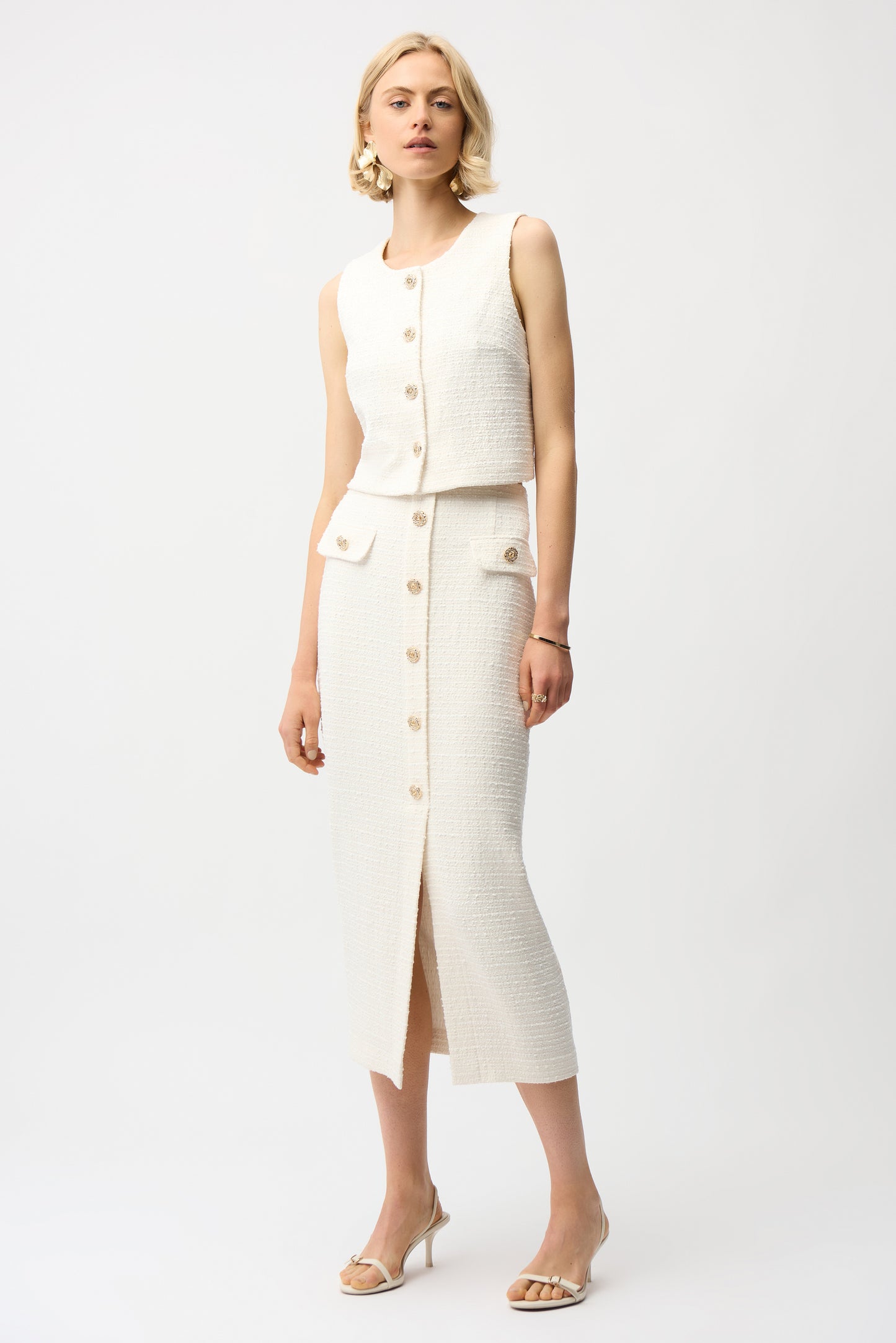 Joseph Ribkoff Bouclé Pencil Skirt With Gold Buttons Off White 261301