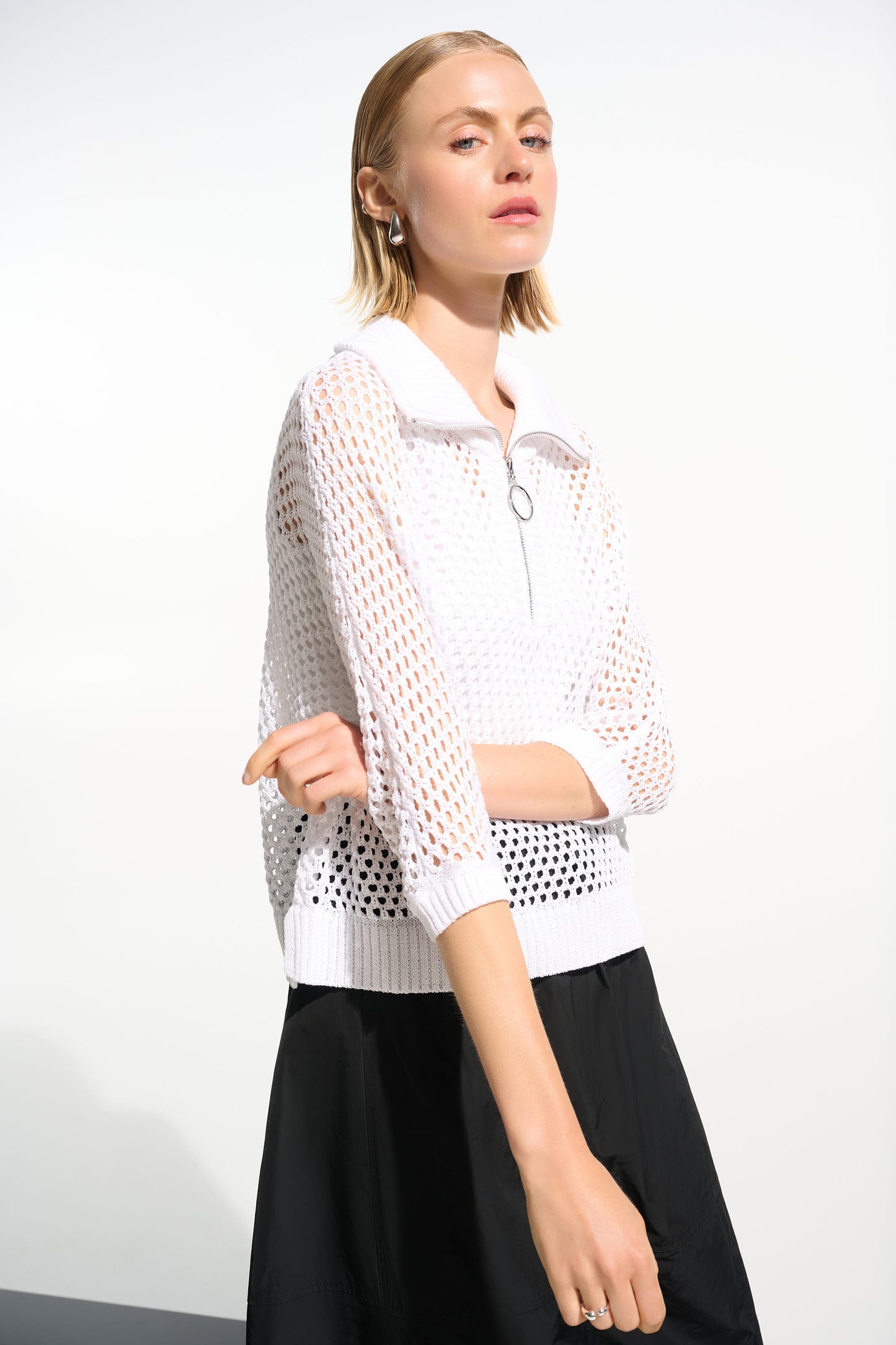 Joseph Ribkoff Vicscose Blend Boxy Sweater Knit With Zipped Neckline Vanila  261634