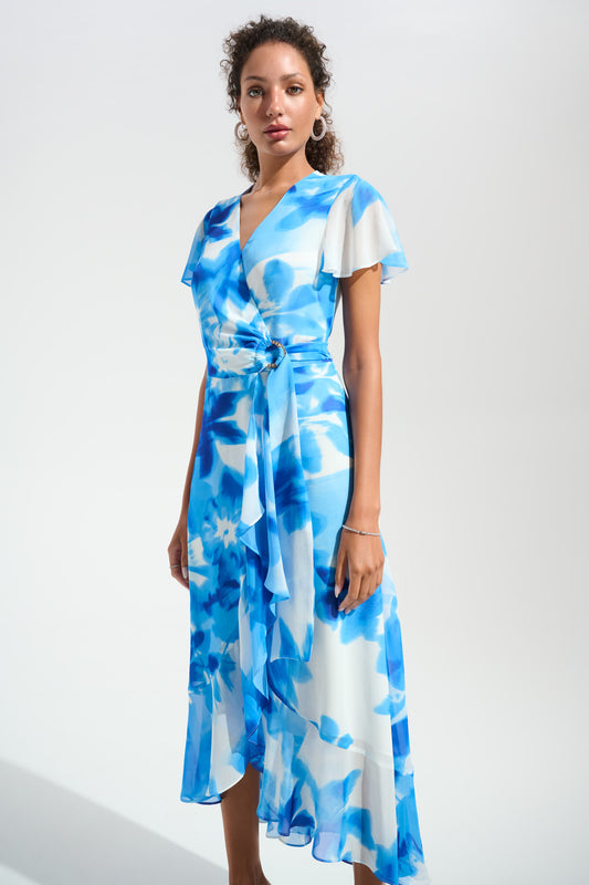 Joseph Ribkoff Floral Print Wrap Dress w/Ruffle Sleeves Vanilla/Blue 261739