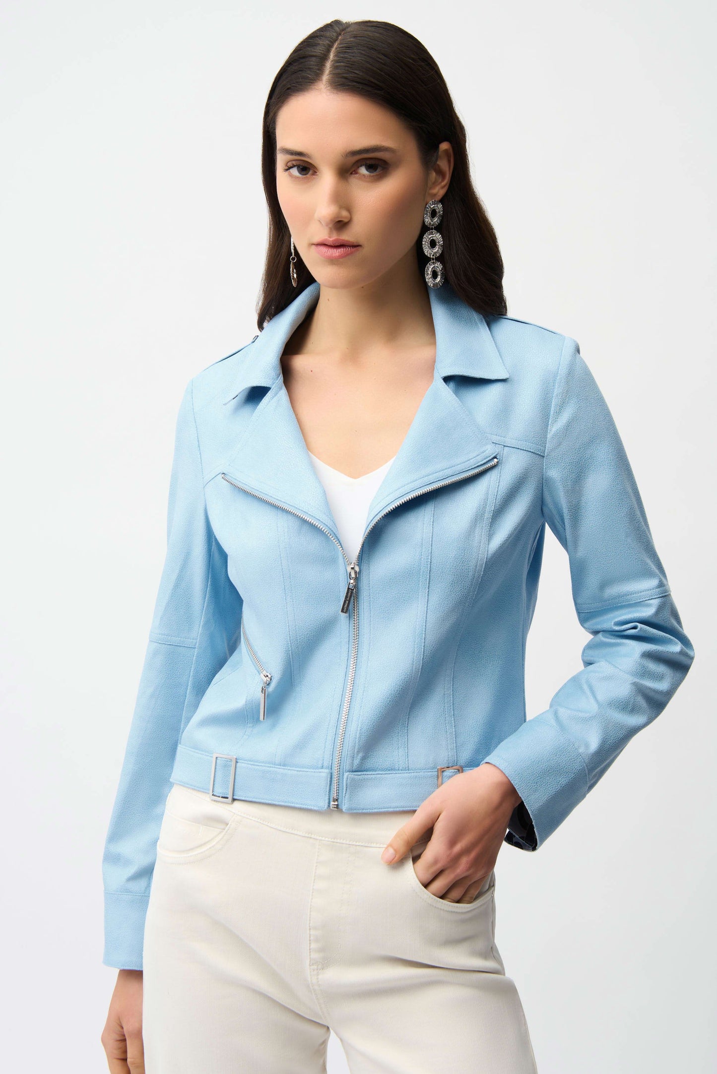 Joseph Ribkoff Foiled Faux Suede Fitted Jacket with Decorative Buckles Sky Blue 261910
