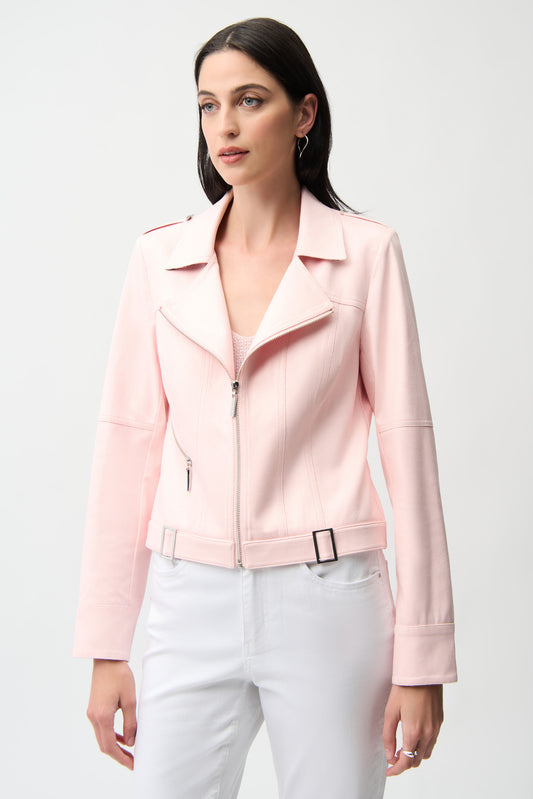 Joseph Ribkoff Foiled Faux Suede Fitted Jacket with Decorative Buckles Petal Pink 261910
