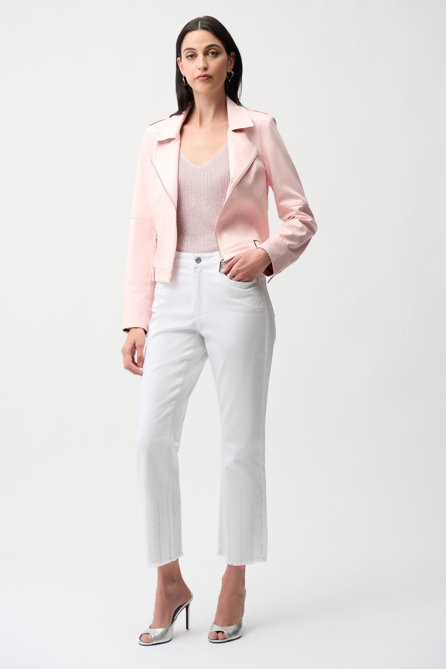 Joseph Ribkoff Foiled Faux Suede Fitted Jacket with Decorative Buckles Petal Pink 261910