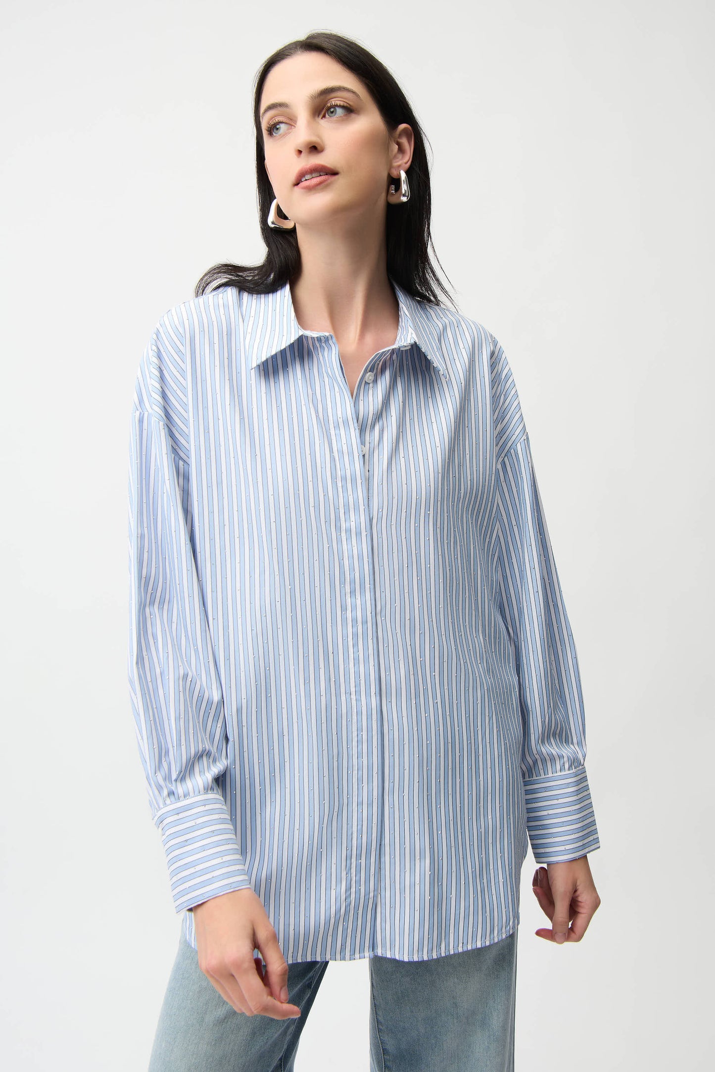 Joseph Ribkoff Tencel Stripe Print Boxy Blouse  Blue/Vanilla 261931