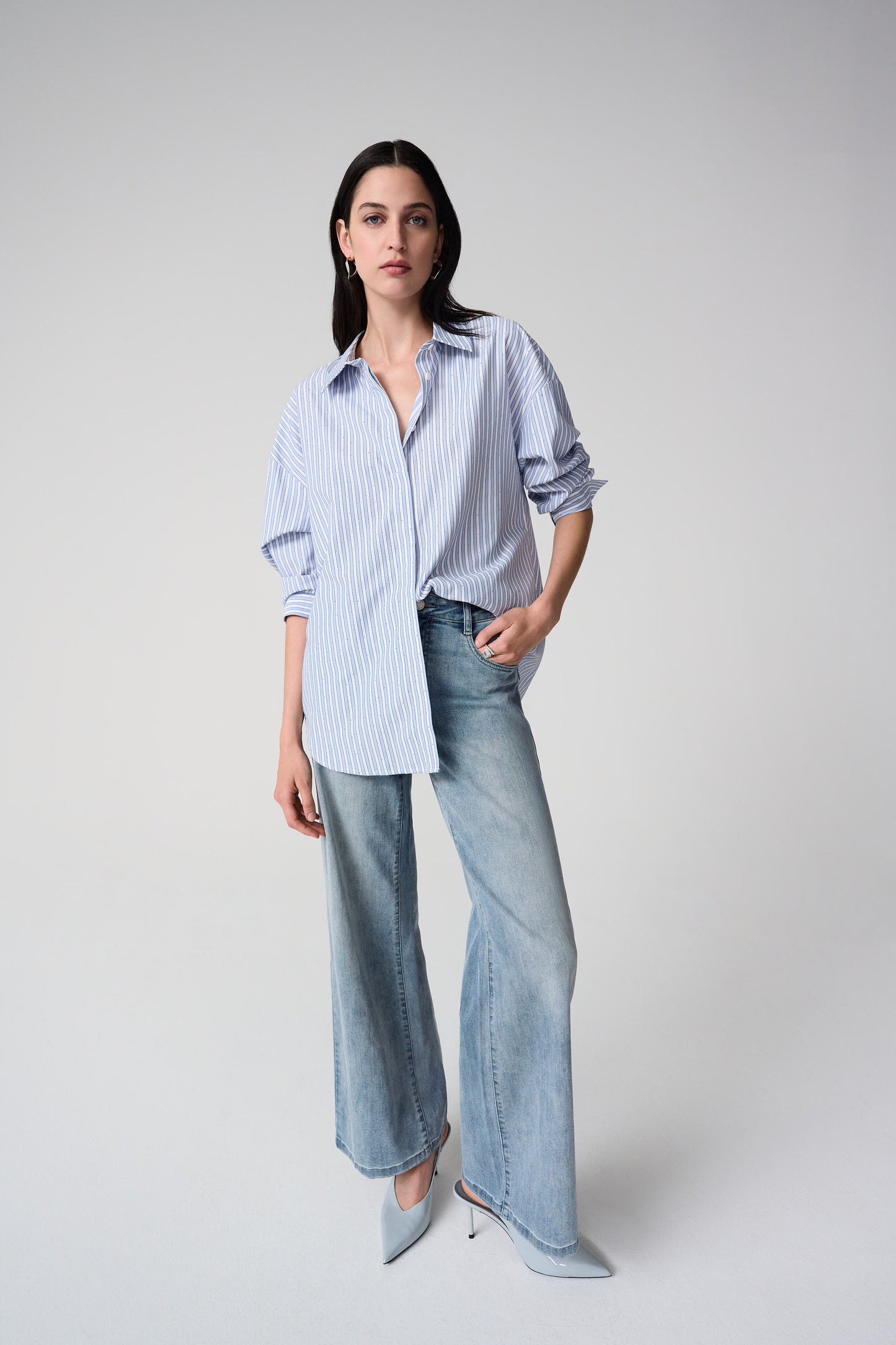 Joseph Ribkoff Tencel Stripe Print Boxy Blouse  Blue/Vanilla 261931