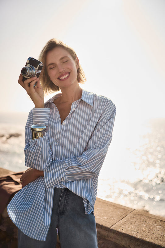 Joseph Ribkoff Tencel Stripe Print Boxy Blouse  Blue/Vanilla 261931