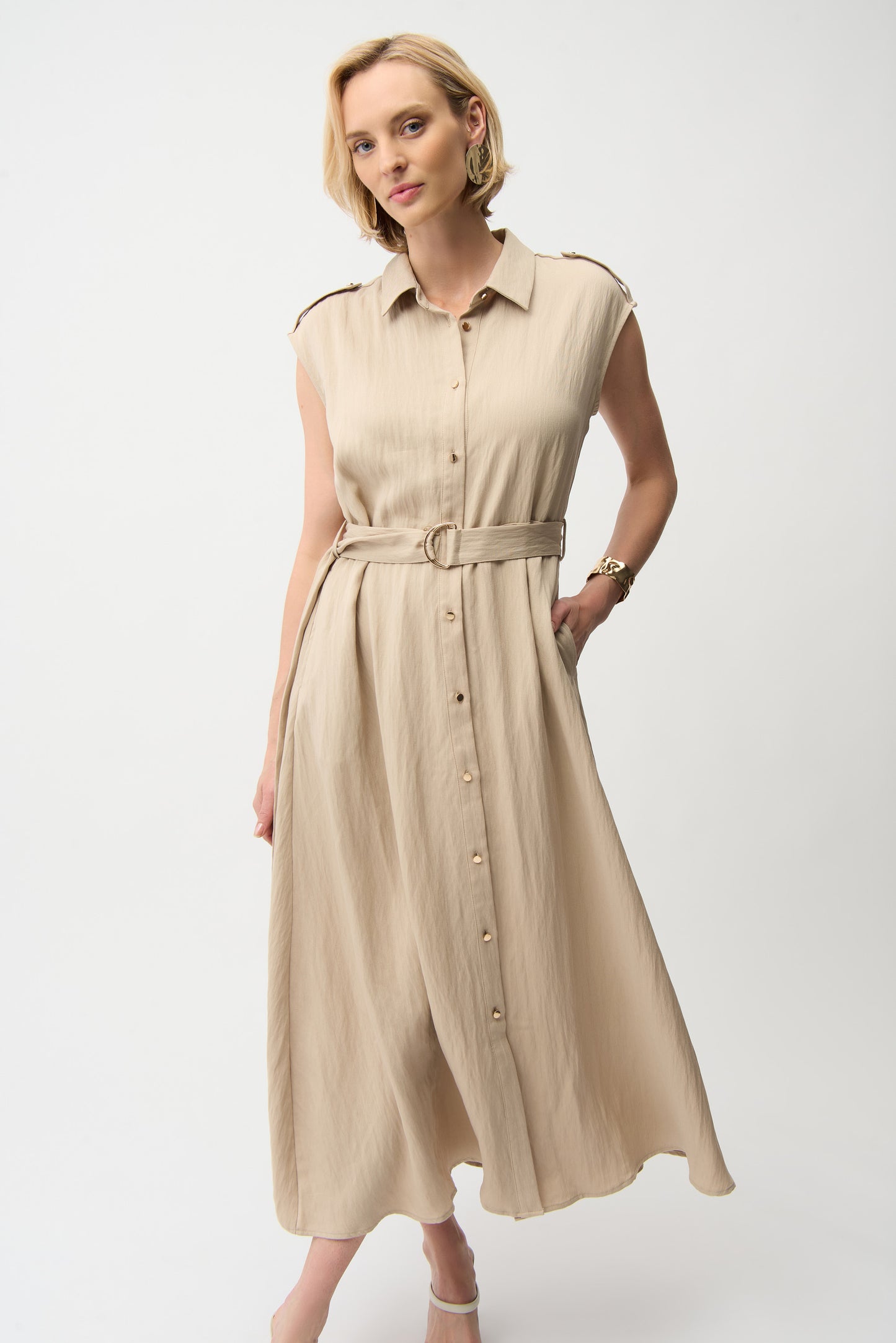Joseph Ribkoff Textured Woven Shirt Dress with Sash Parchment 261935
