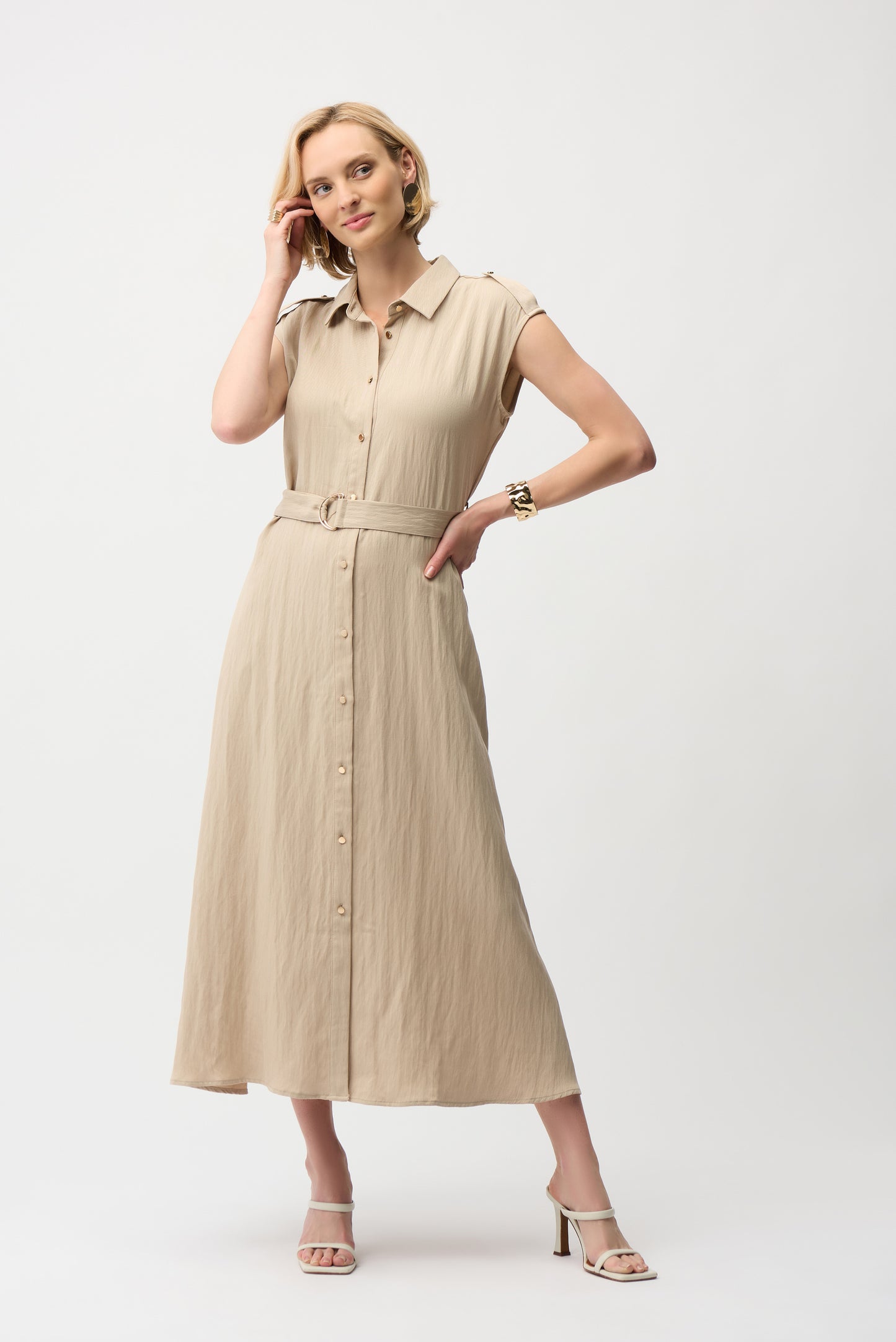 Joseph Ribkoff Textured Woven Shirt Dress with Sash Parchment 261935