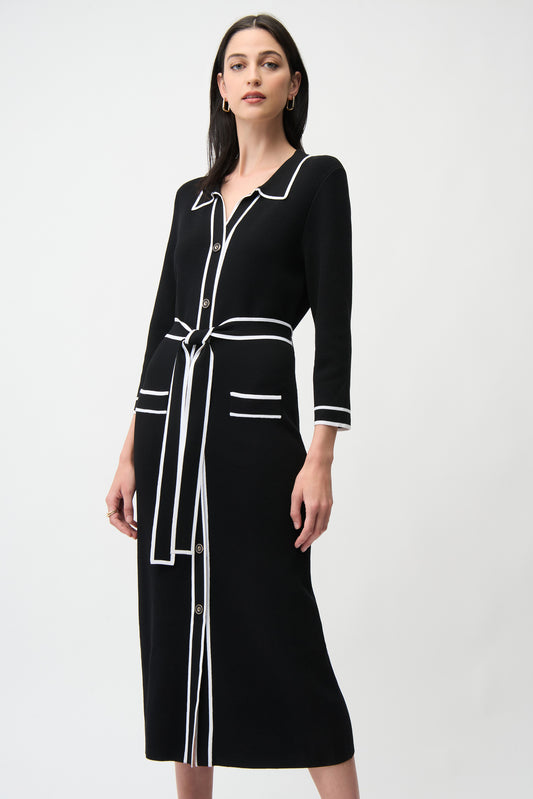 Joseph Ribkoff Viscose Sweater Knit Shirt Dress w/Contrast Piping And Sash Black/Vanilla 261944