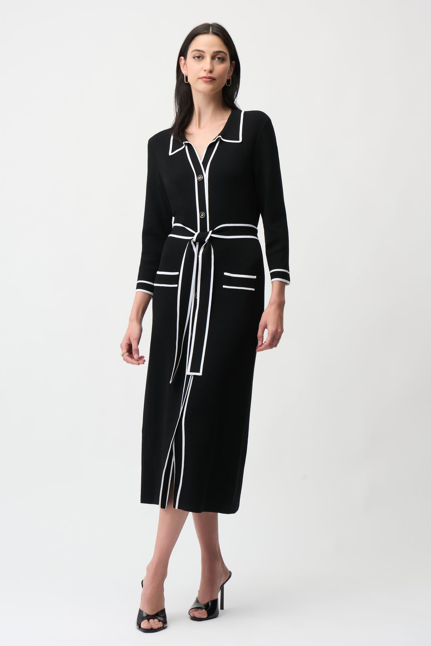 Joseph Ribkoff Viscose Sweater Knit Shirt Dress w/Contrast Piping And Sash Black/Vanilla 261944