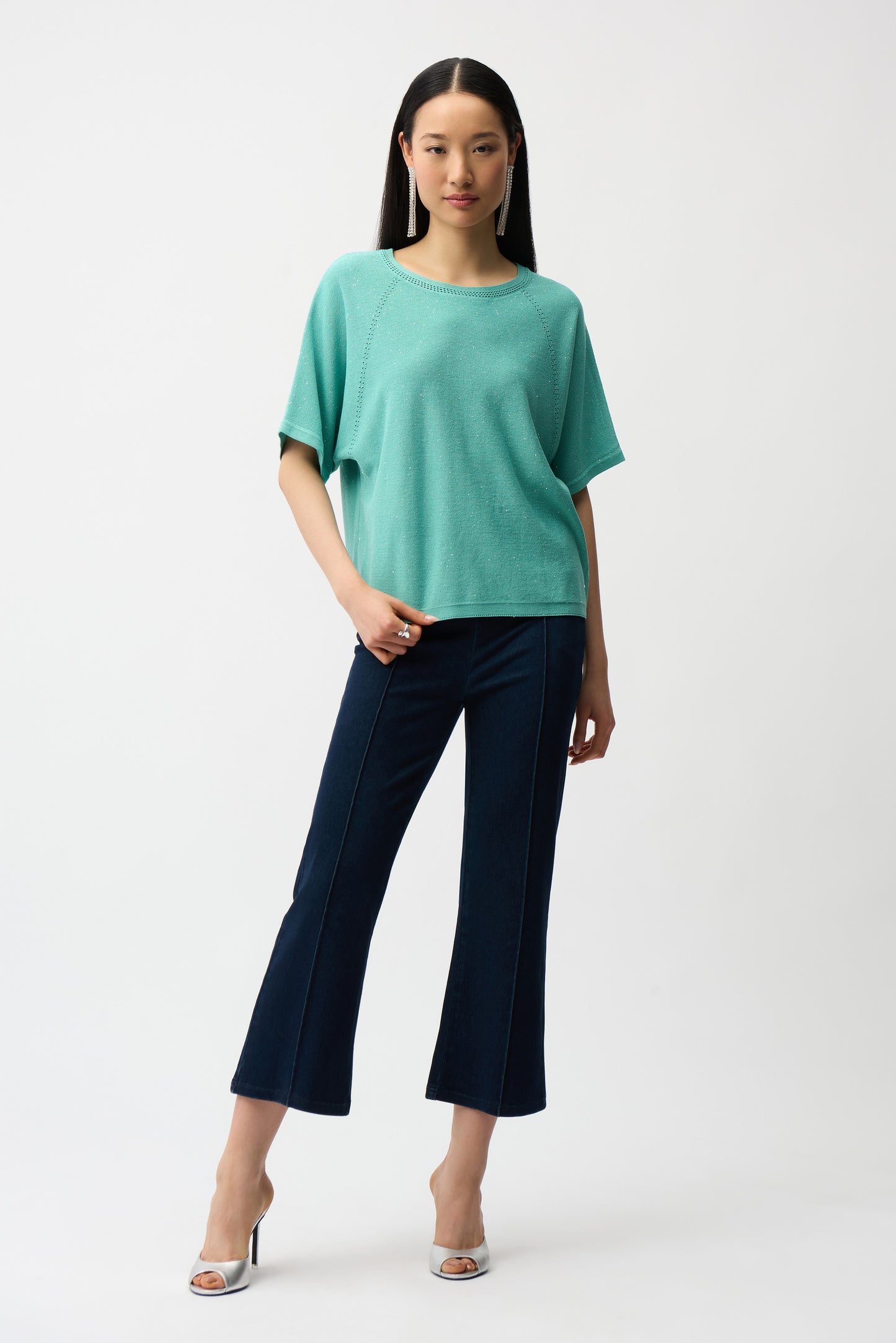 Joseph Ribkoff Knit Denim Cropped Flare Pant Dark Denim Blue 261953