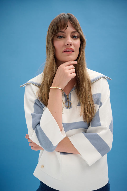 Joseph Ribkoff Stripe Print Boxy Sweater w/ Zipped Collar Winter White/Chambray 261983