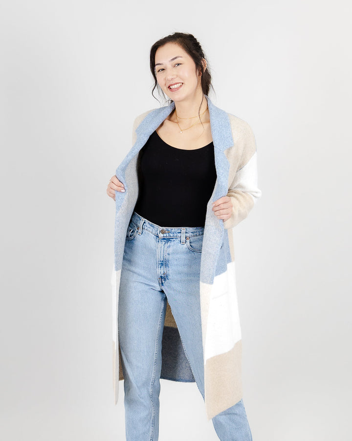 Funsport Long Knit Cardigan Denim Latte Plaid 262109