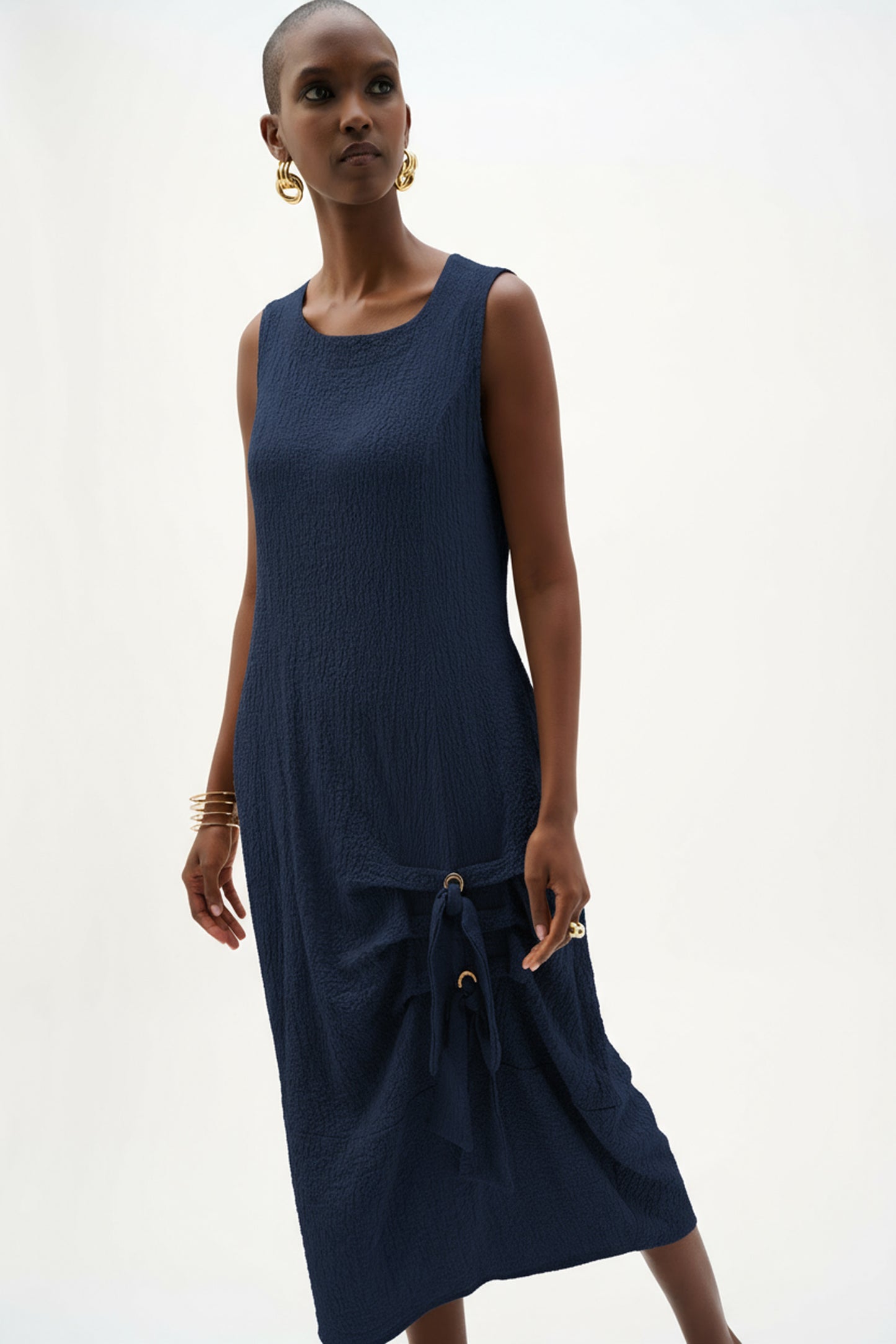 Joseph Ribkoff Seersucker Cocoon Dress w/Ring & Tie Detail Midnight Blue 262172