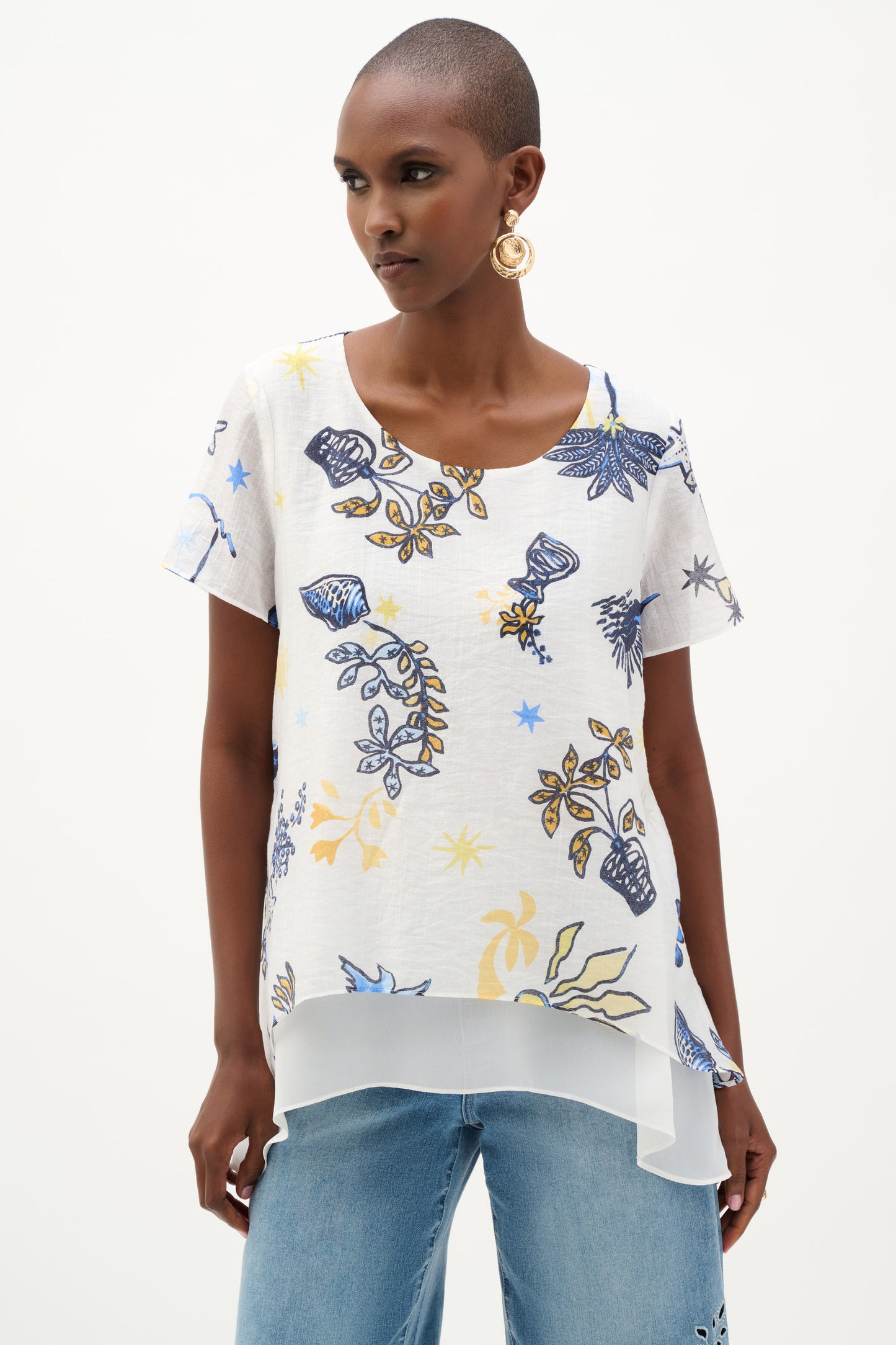 Joseph Ribkoff Sheer Woven Tropical Print Trapeze Tunic Vanilla/Multi 262204
