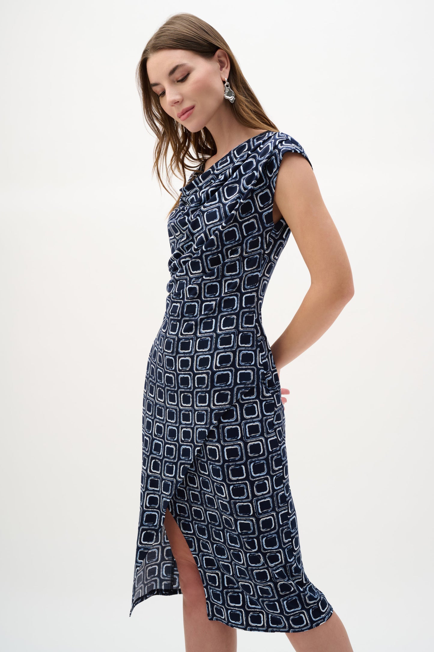 Joseph Ribkoff Geometric Print Sheath Wrap Dress Midnight Blue/Multi 262246
