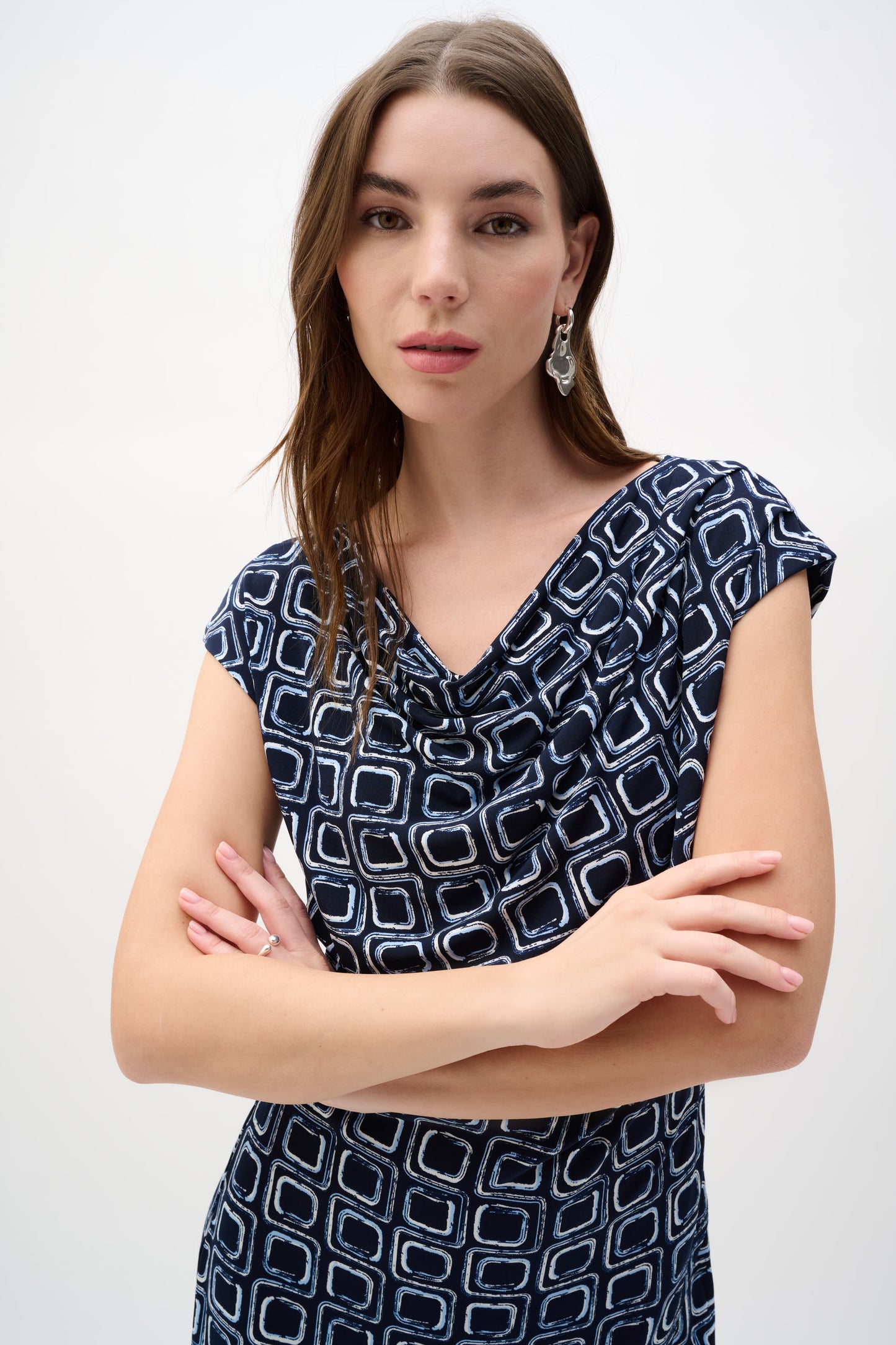 Joseph Ribkoff Geometric Print Sheath Wrap Dress Midnight Blue/Multi 262246
