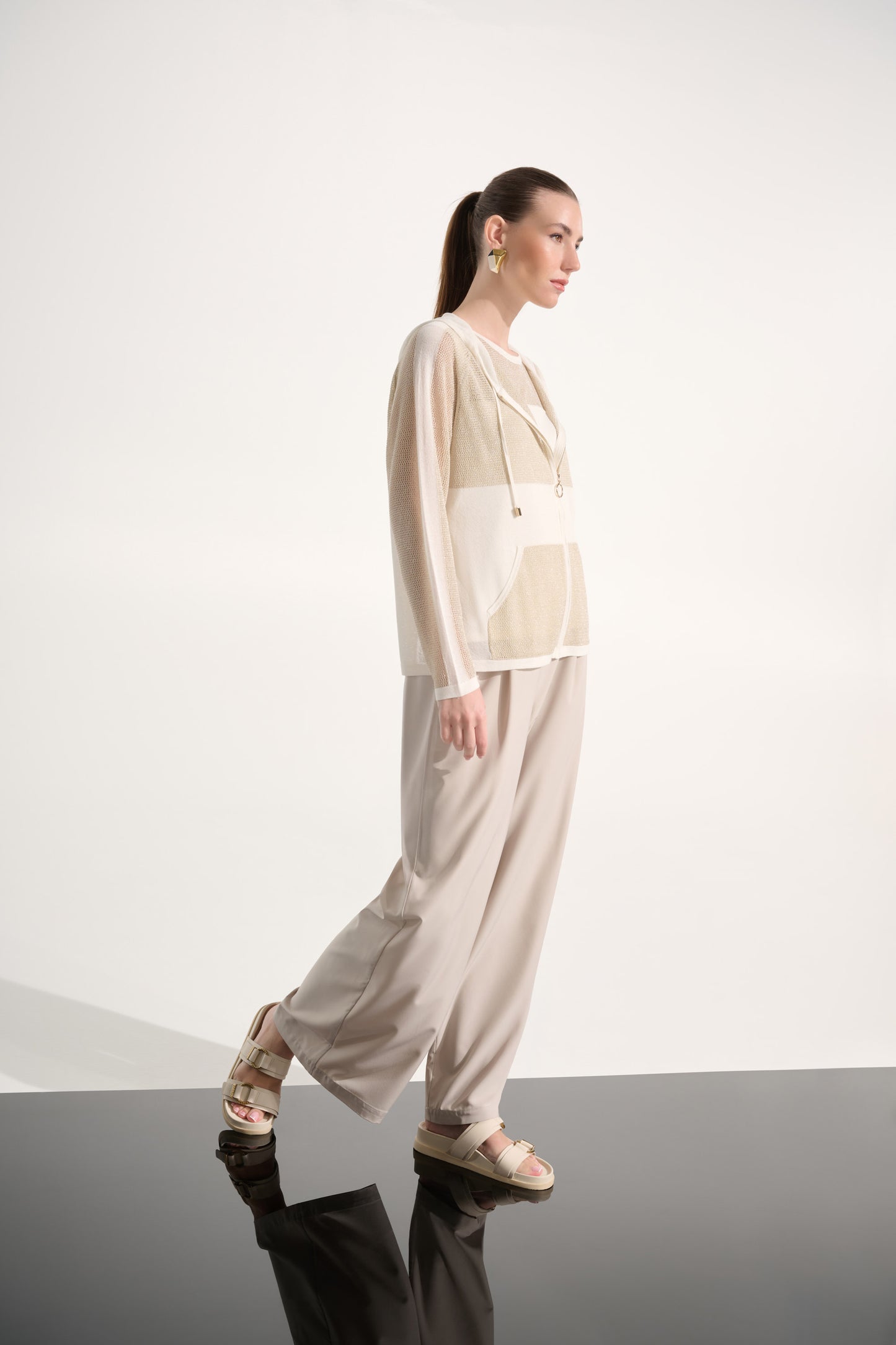 Joseph Ribkoff Soft Knit Straight Hooded Zip Jacket Vanilla/Gold 262613