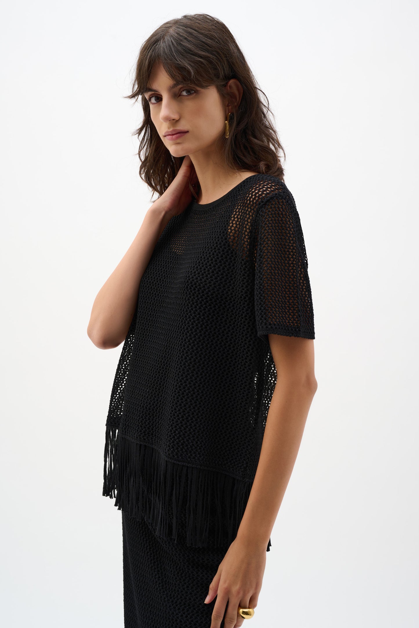 Joseph Ribkoff Open Knit S/S Top with Fringe Hem Black 262928-11