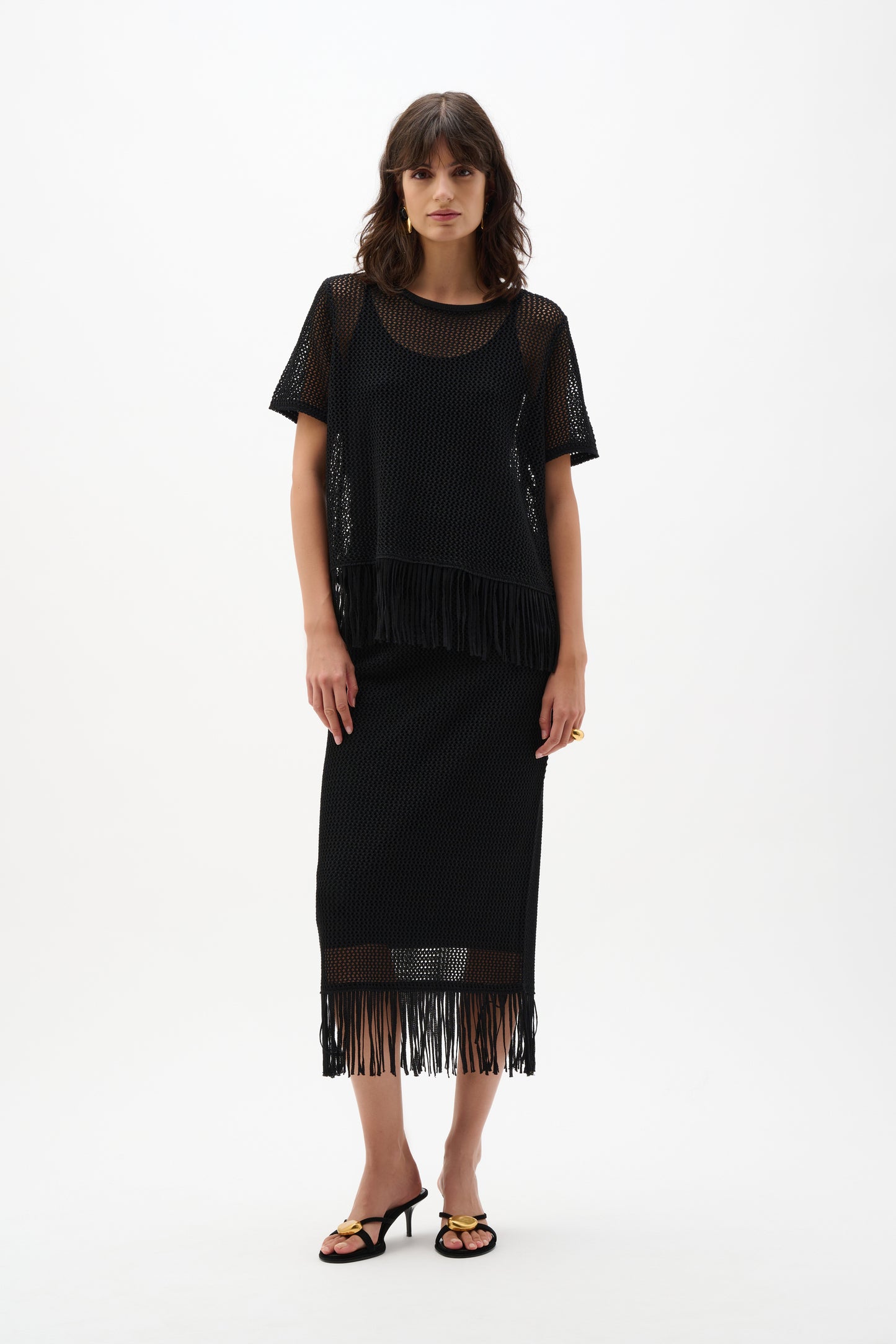 Joseph Ribkoff Open Knit S/S Top with Fringe Hem Black 262928-11