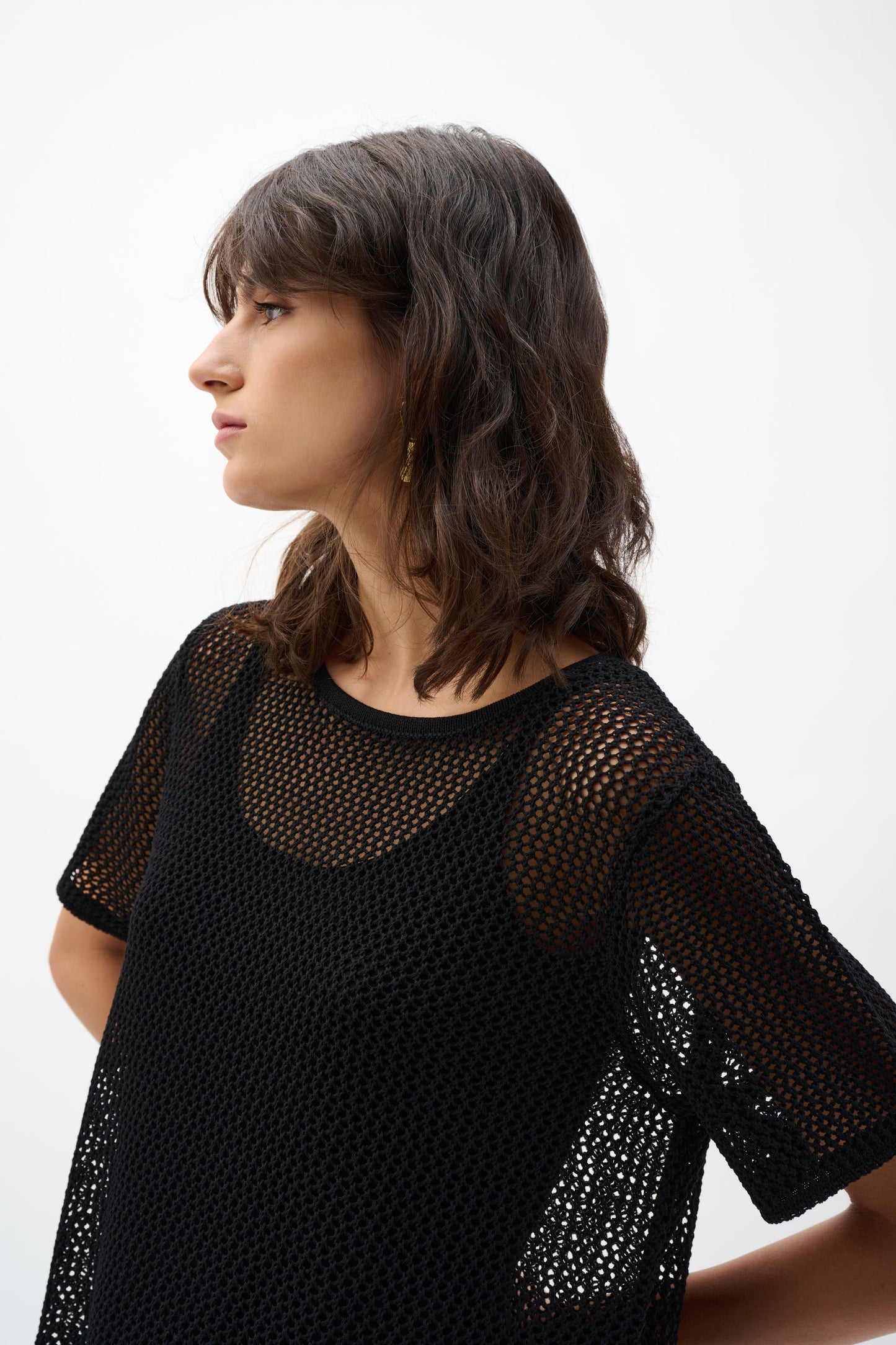 Joseph Ribkoff Open Knit S/S Top with Fringe Hem Black 262928-11